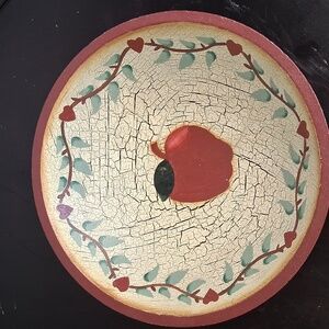 Vintage style Apple and Heart Bowl.  Cracked aged paint look. 8 1/2 x 8 1/2